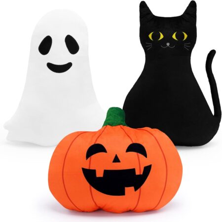 Percozzi Halloween Ghost Pillow Pumpkin, Black Cat Shaped Stuffed Pillow, Furry Spooky Ghoul Plush