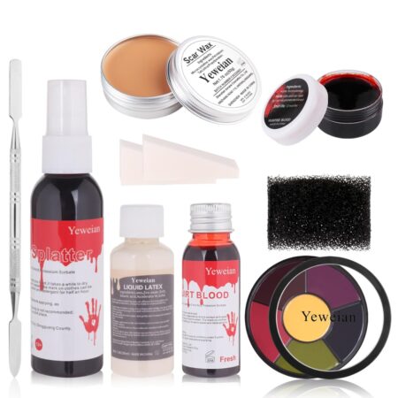 Liquid Latex Scar Wax SFX Makeup Kit with 6 Color Bruise Wheel Face Body Paint Palette+Fake Blood Splatter Spray+Squirt Blood+Coagulated Blood Gel+Spatula Sponges for Fake Scars Wounds Burns